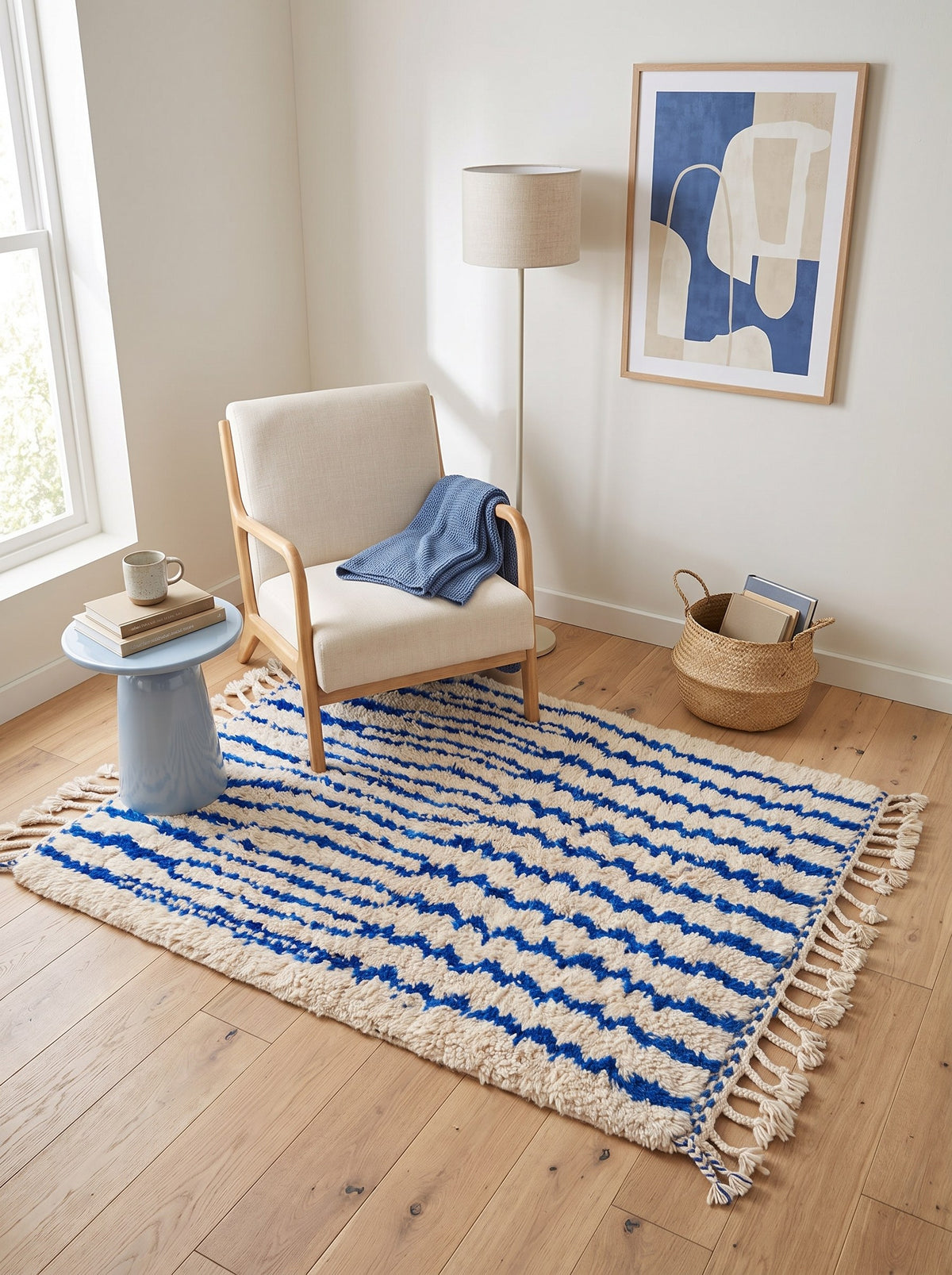 Tapis berbère à rayures blanc et bleu Ageffur dans un coin lecture, noué main au Maroc