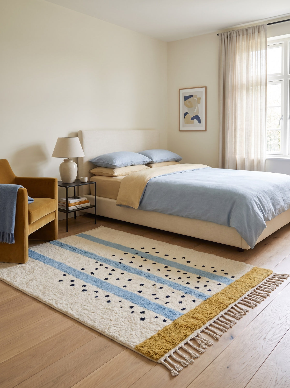 Tapis berbère à rayures blanc et bleu ciel Tadmil dans une chambre, noué main au Maroc