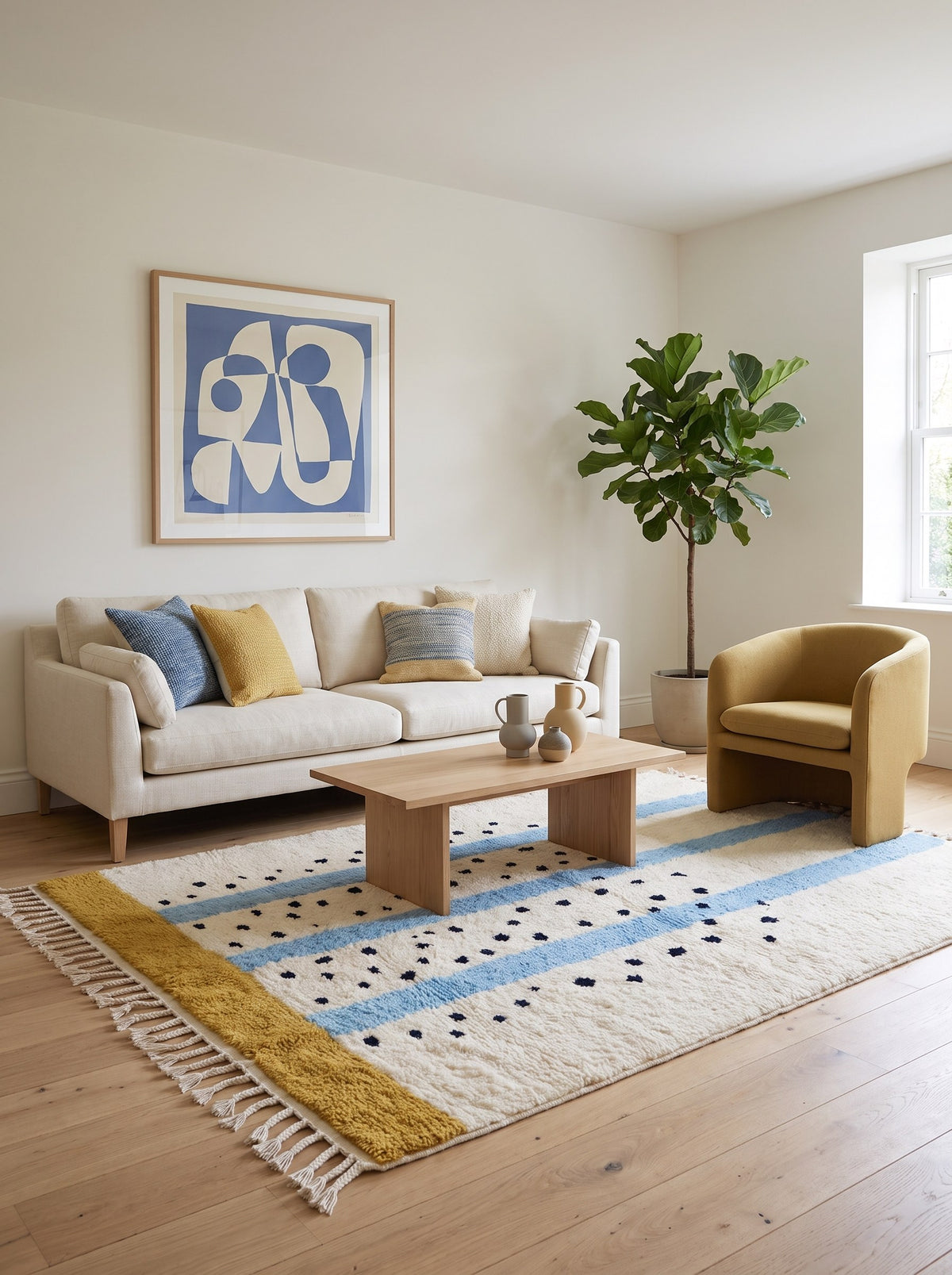 Tapis berbère à rayures blanc et bleu ciel Tadmil dans un salon, noué main au Maroc