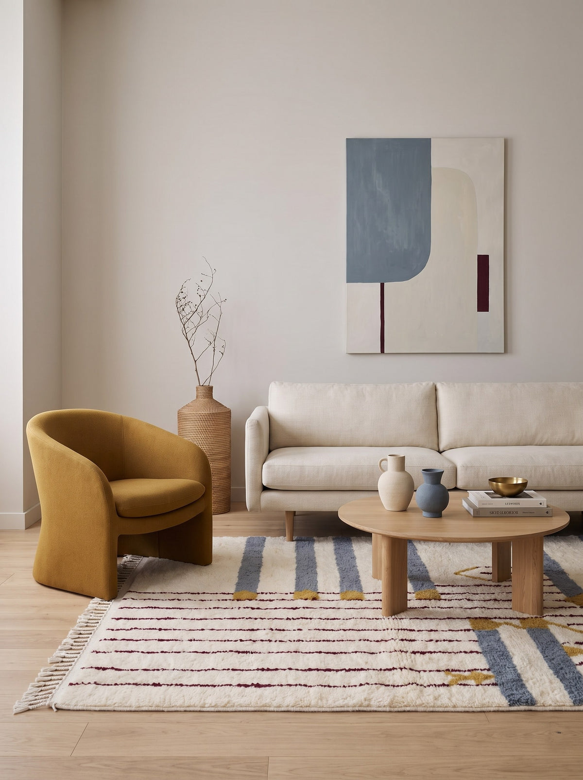 Tapis berbère à rayures blanc et gris Adlis dans un salon, noué main au Maroc