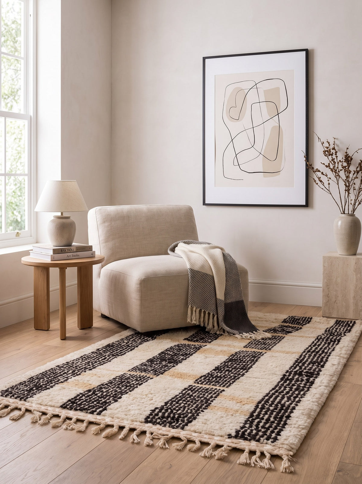 Tapis berbère à rayures blanc et noir Ighed dans un coin lecture, noué main au Maroc