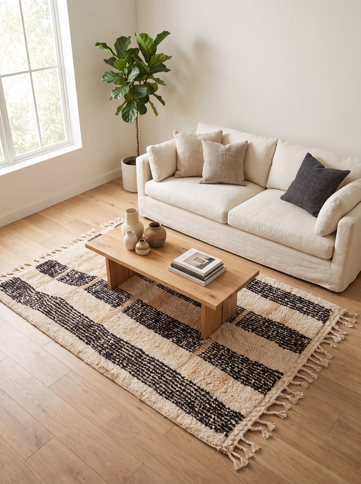 Tapis berbère à rayures blanc et noir Ighed dans un autre salon, noué main au Maroc