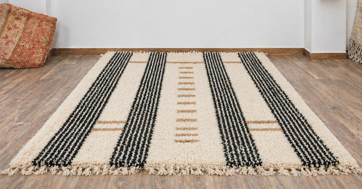 Tapis berbère à rayures blanc et noir Tarzimt posé au sol vu de côté, noué main au Maroc