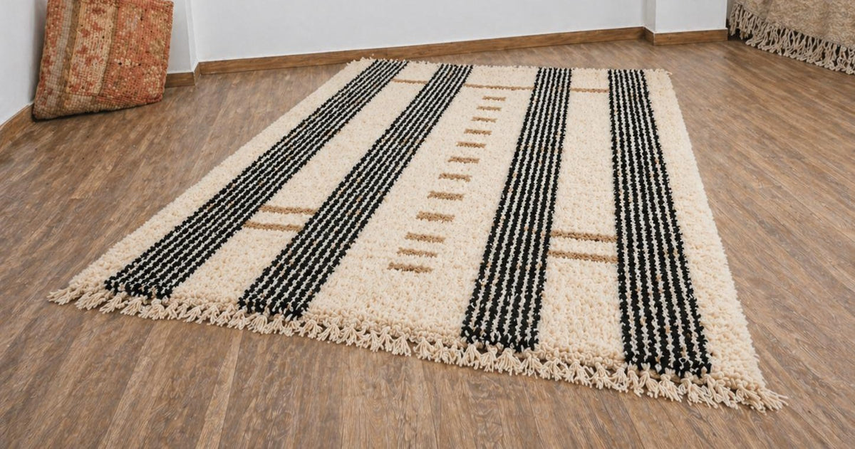 Tapis berbère à rayures blanc et noir Tarzimt posé au sol vu en biais, noué main au Maroc