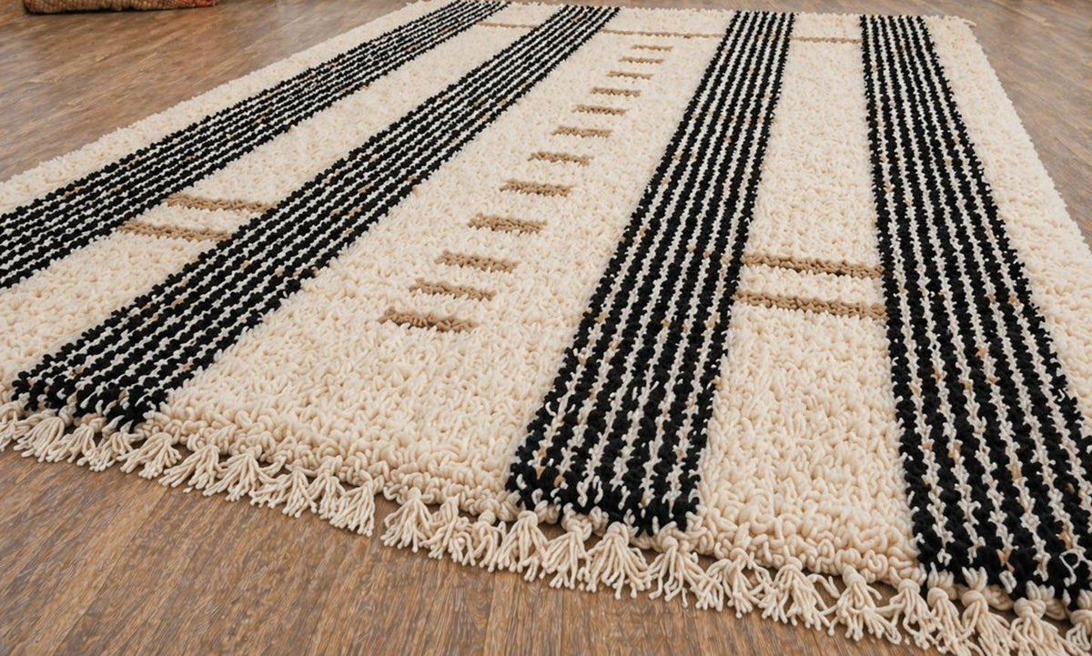 Tapis berbère à rayures blanc et noir Tarzimt posé au sol vu de trois quarts, noué main au Maroc