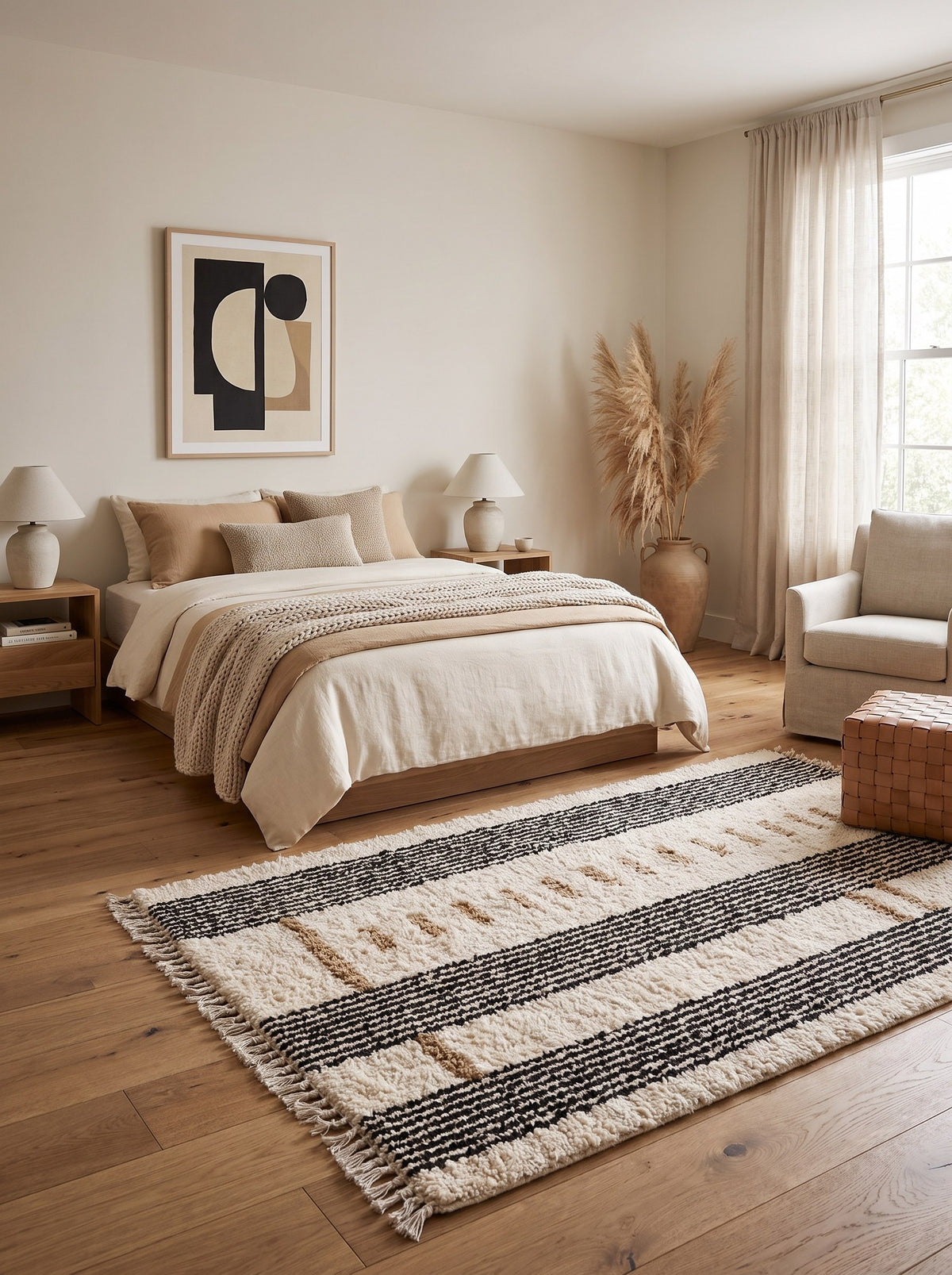 Tapis berbère à rayures blanc et noir Tarzimt dans une chambre, noué main au Maroc