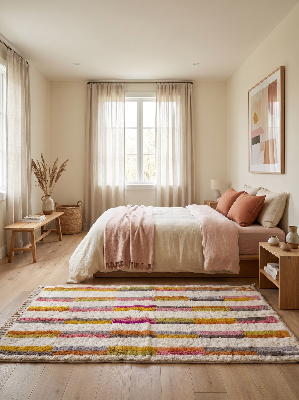 Fenzar Berber rug with multicolored stripes on white, in a bedroom, hand-knotted in Morocco