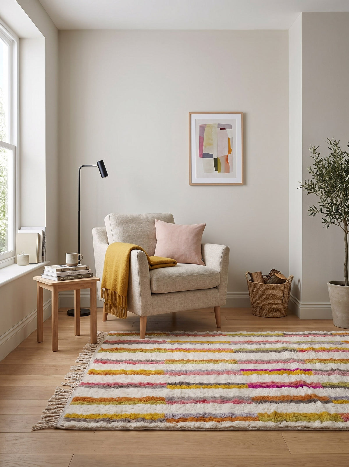 Fenzar Berber rug with multicolored stripes on white, in a reading nook, hand-knotted in Morocco
