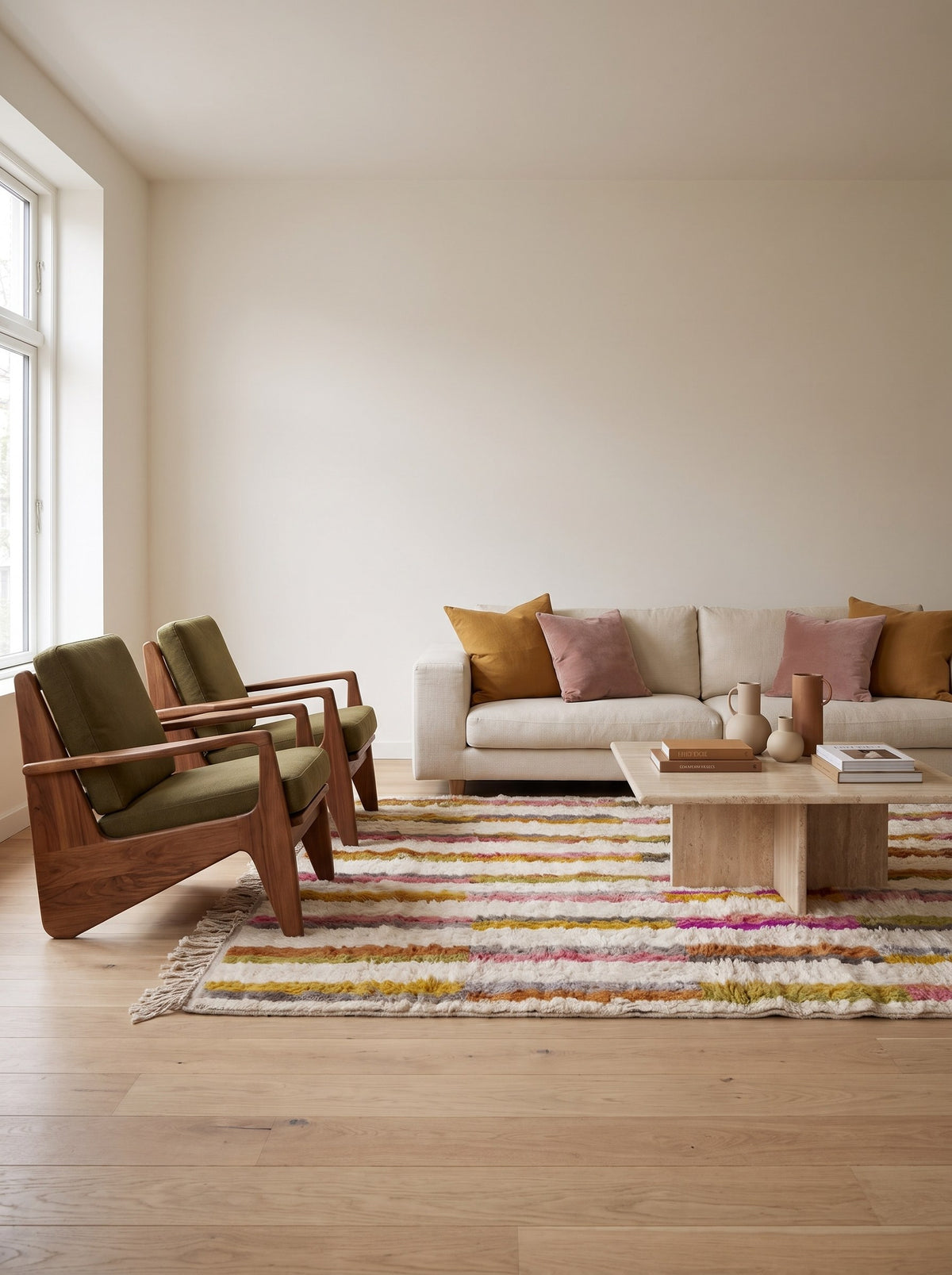 Fenzar Berber rug with multicolored stripes on white, in a living room, hand-knotted in Morocco