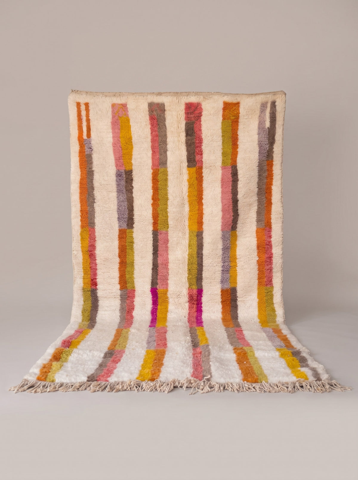 Fenzar Berber rug with multicolored stripes on white, hanging, one of a kind, hand-knotted in Morocco