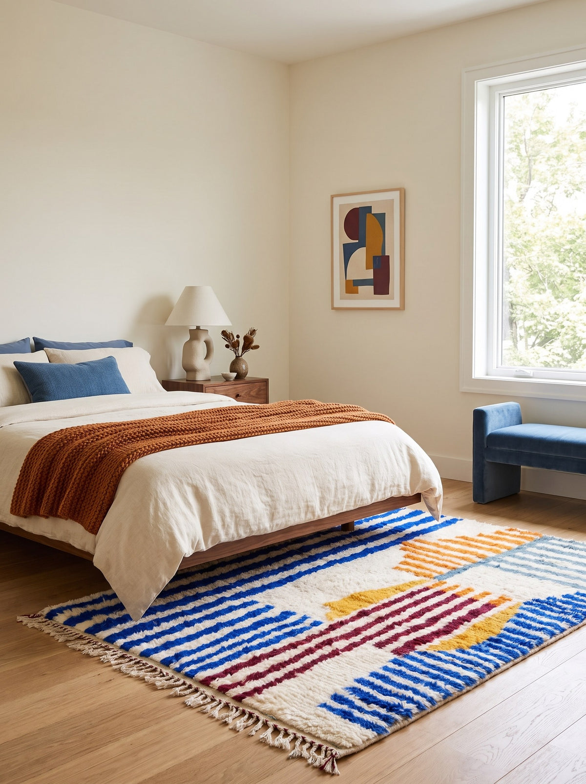 Zilmar Berber rug with blue and orange stripes, in a bedroom, hand-knotted in Morocco