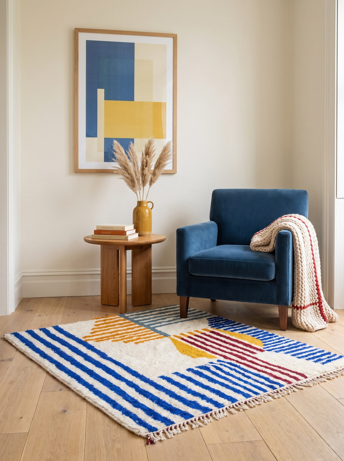 Zilmar Berber rug with blue and orange stripes, in a reading nook, hand-knotted in Morocco