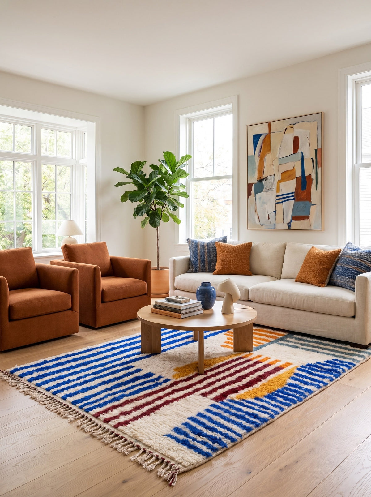 Zilmar Berber rug with blue and orange stripes, in another living room, hand-knotted in Morocco