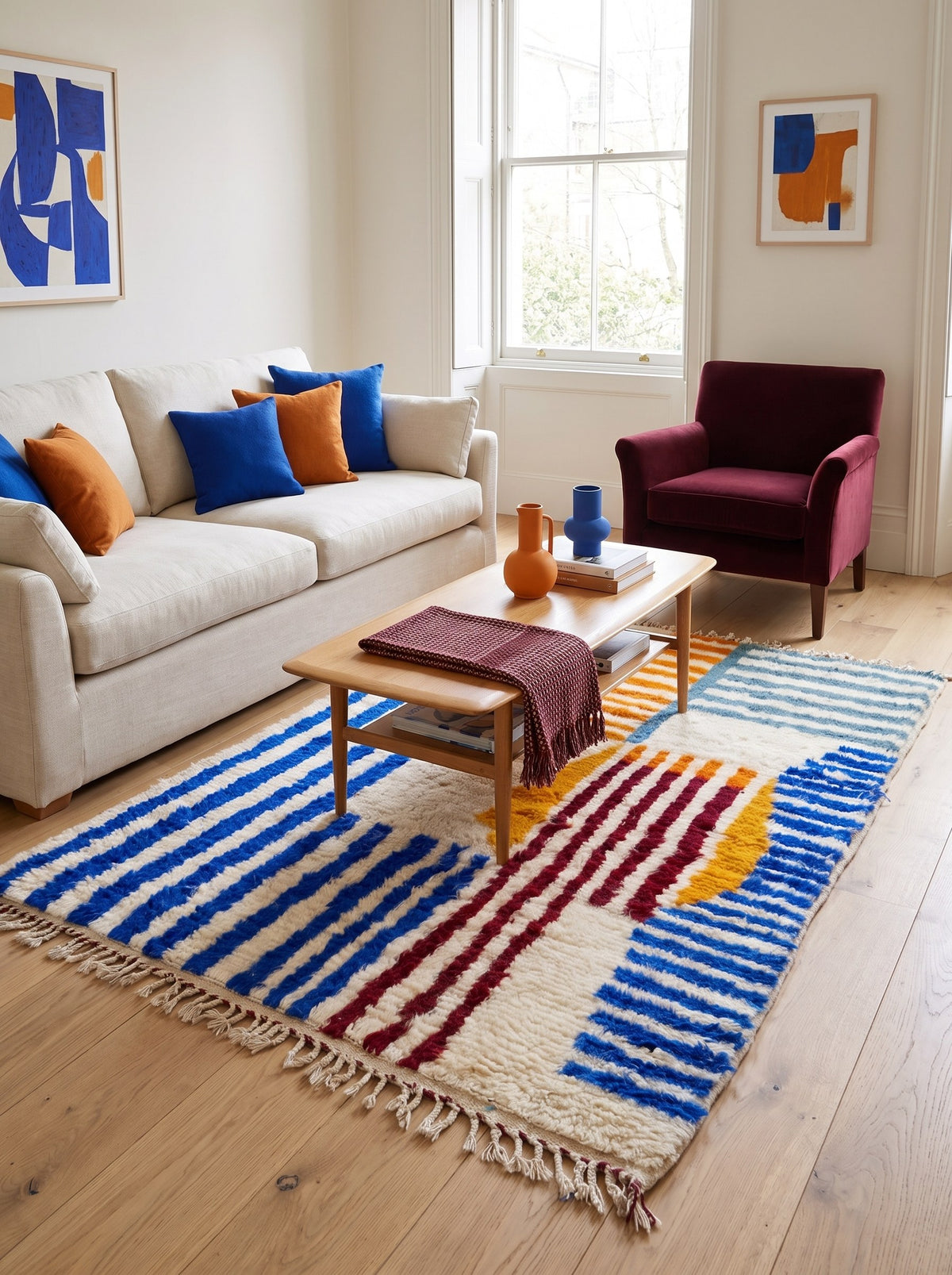 Zilmar Berber rug with blue and orange stripes, in a living room, hand-knotted in Morocco