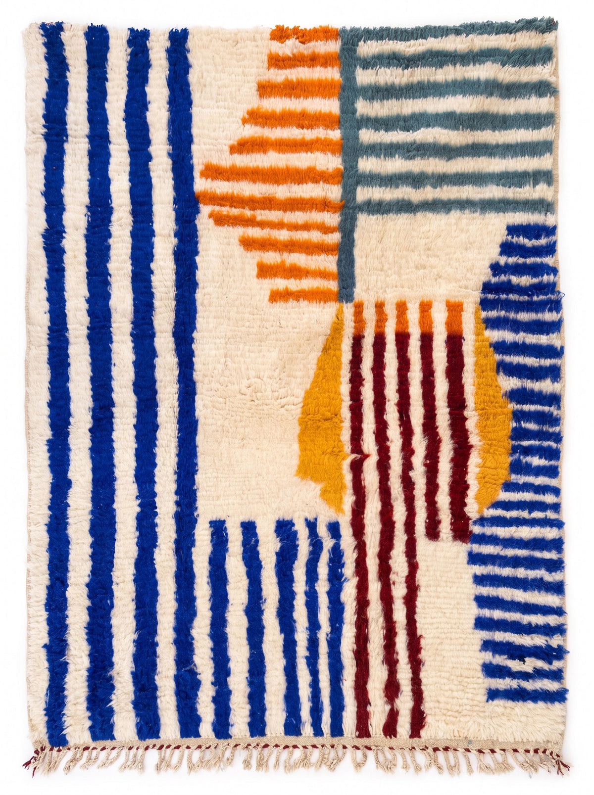 Zilmar Berber rug with blue and orange stripes, laid flat, ecru long-pile ground, seven vertical royal blue bands