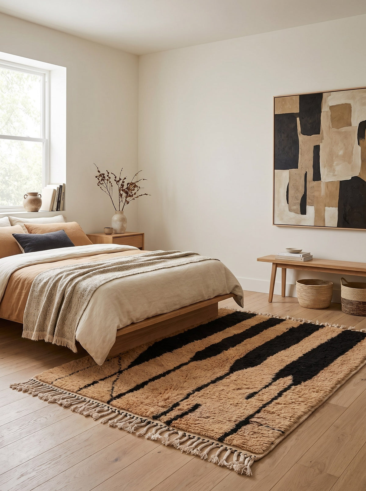 Tapis berbère à rayures camel et noir Tazroun dans une chambre, noué main au Maroc