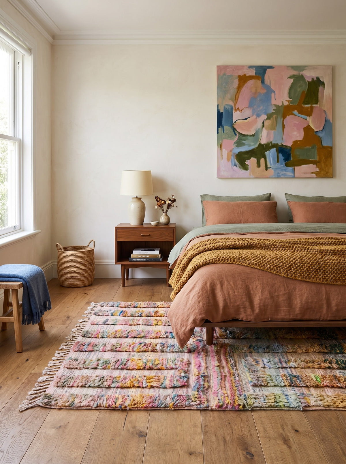 Tapis berbère à rayures multicolore Tissa dans une chambre, noué main au Maroc
