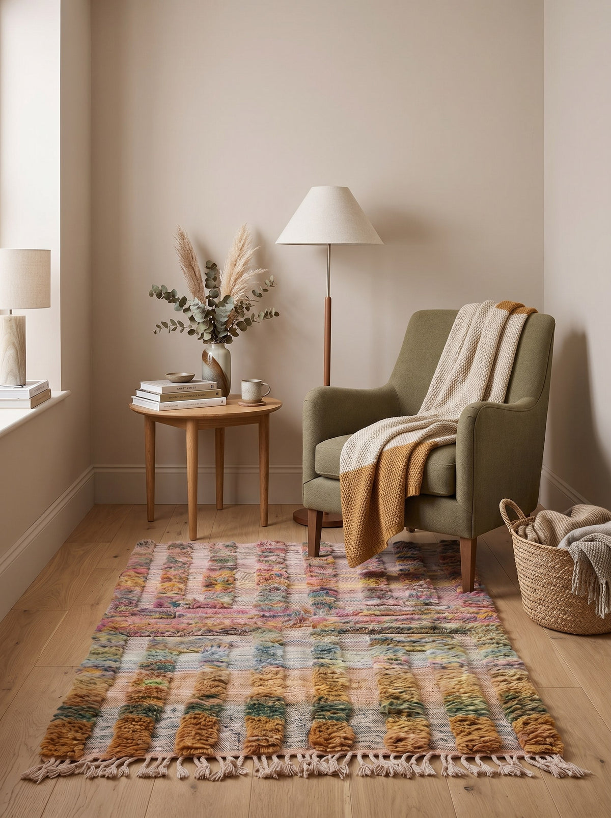 Tapis berbère à rayures multicolore Tissa dans un coin lecture, noué main au Maroc