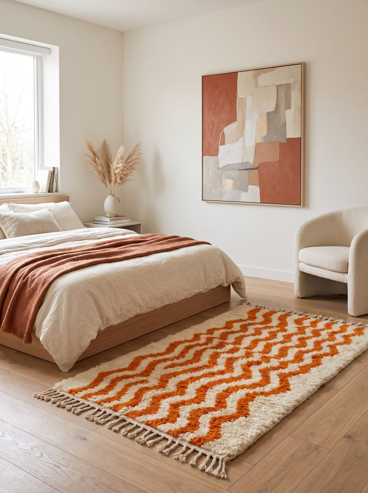 Imider striped Berber rug in orange and white, in a bedroom, hand-knotted in Morocco