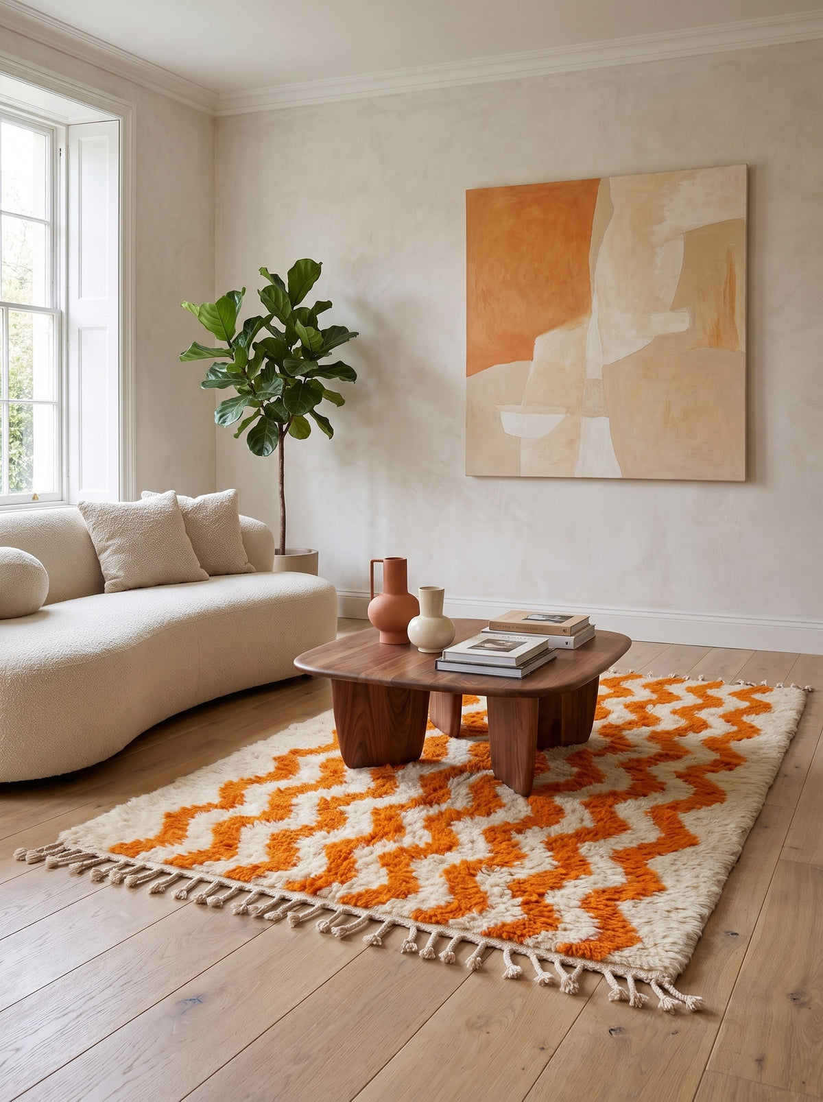 Imider striped Berber rug in orange and white, in another living room, hand-knotted in Morocco
