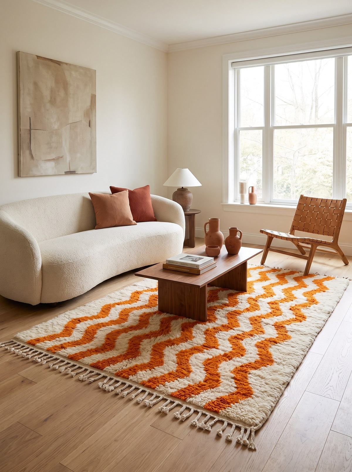 Imider striped Berber rug in orange and white, in a living room, hand-knotted in Morocco