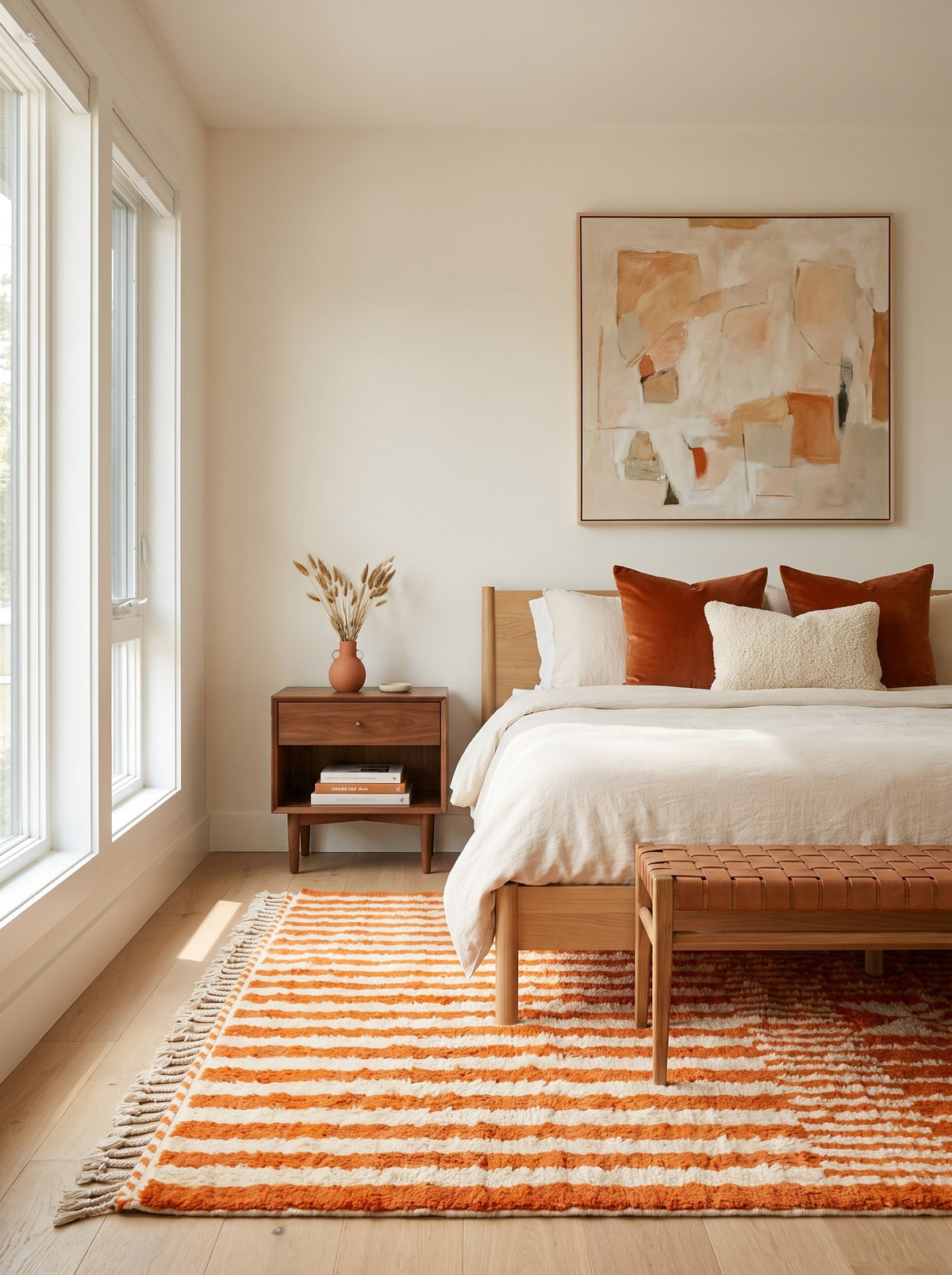 Iknioun Berber rug with orange stripes in a bedroom, hand-knotted in Morocco