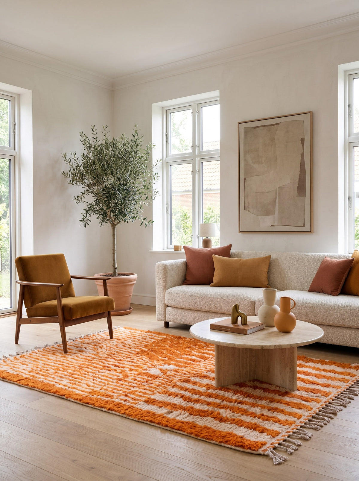 Iknioun Berber rug with orange stripes in another living room, hand-knotted in Morocco