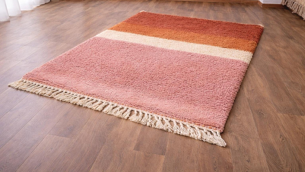 Tinghir Berber rug, striped, in pink and terracotta, on the floor, seen from the side, hand-knotted in Morocco