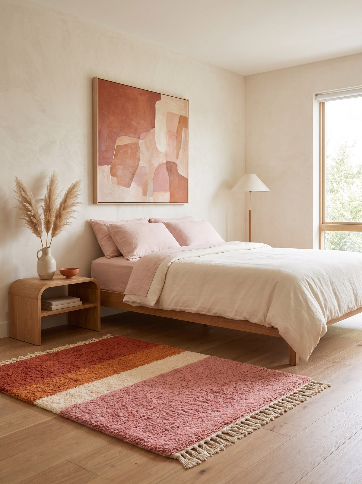 Tinghir Berber rug with pink and terracotta stripes in a bedroom, hand-knotted in Morocco