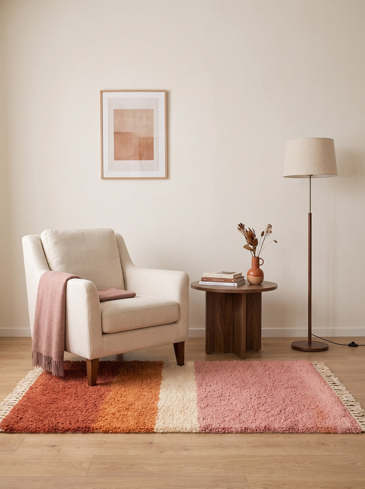 Tinghir Berber rug with pink and terracotta stripes in a reading nook, hand-knotted in Morocco