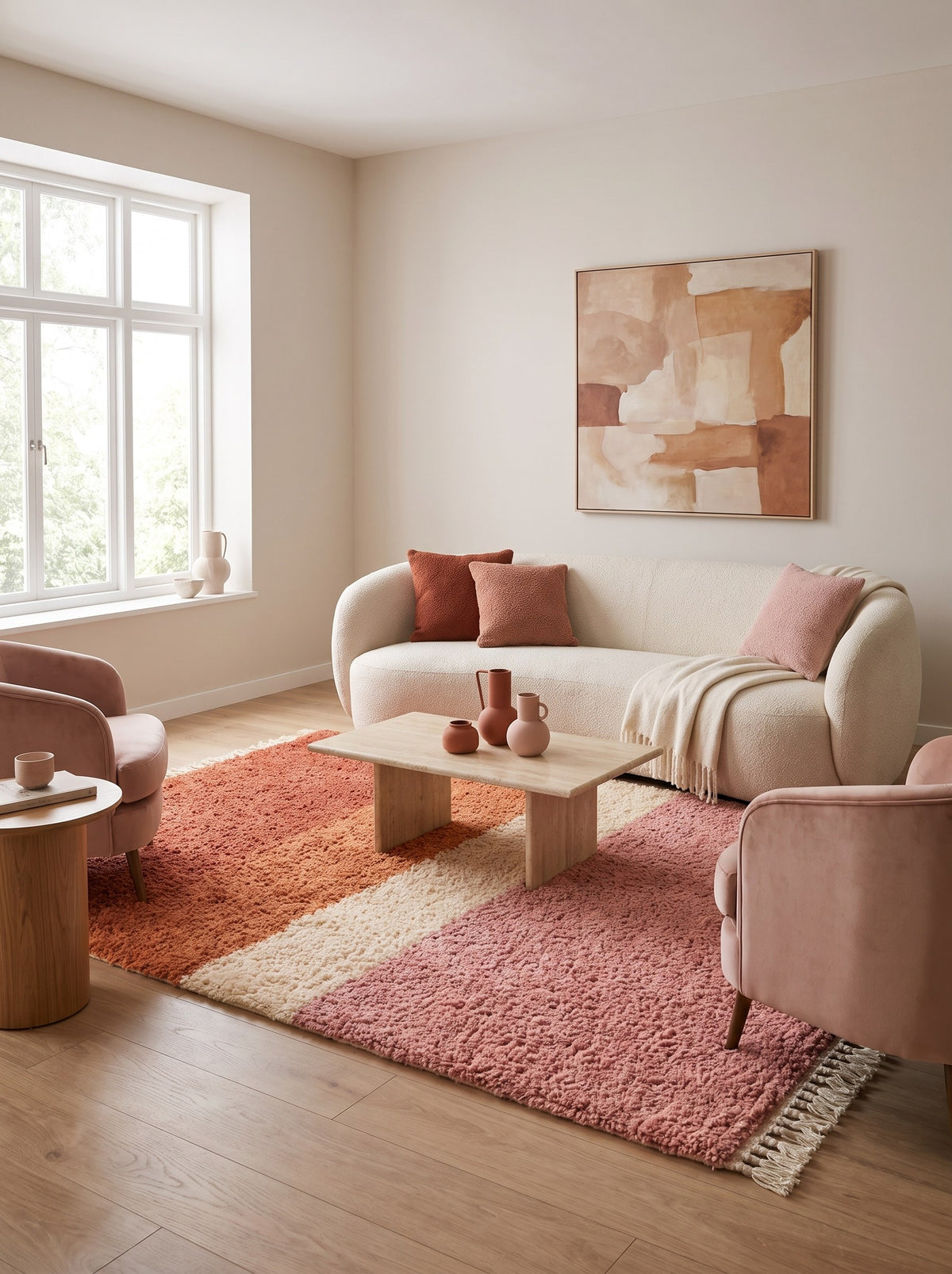 Tinghir Berber rug with pink and terracotta stripes in another living room, hand-knotted in Morocco