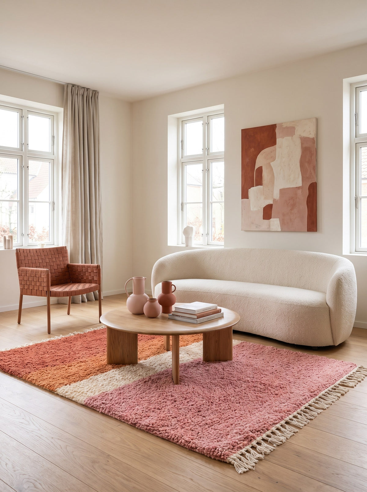 Tinghir Berber rug with pink and terracotta stripes in a living room, hand-knotted in Morocco