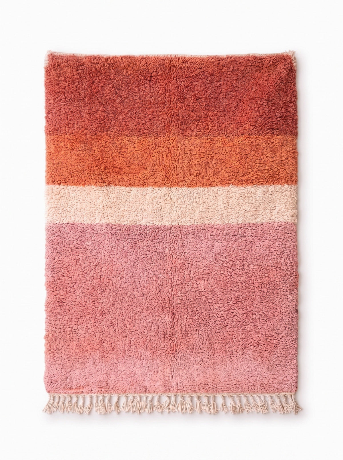 Tinghir Berber rug with pink and terracotta stripes, laid flat, three horizontal bands from top to bottom