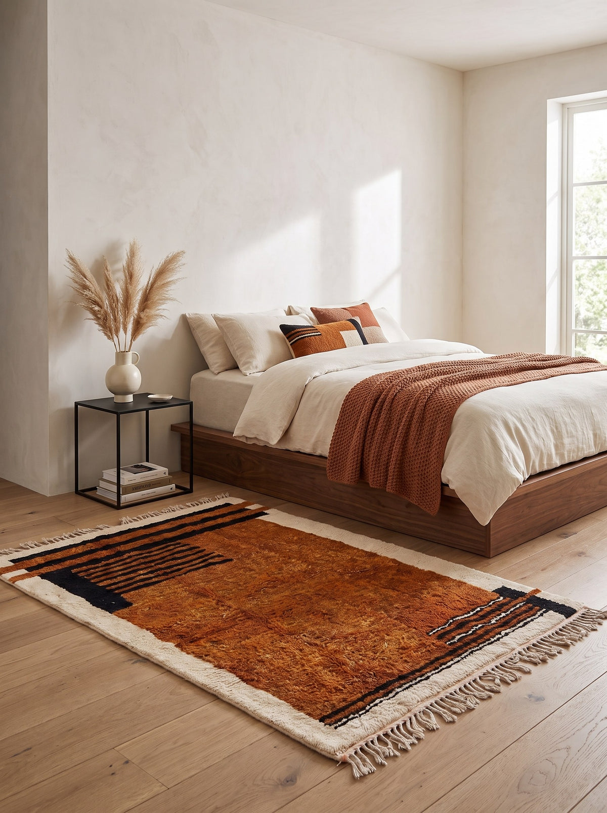 Boudinar striped Berber rug in rust and black in a bedroom, hand-knotted in Morocco