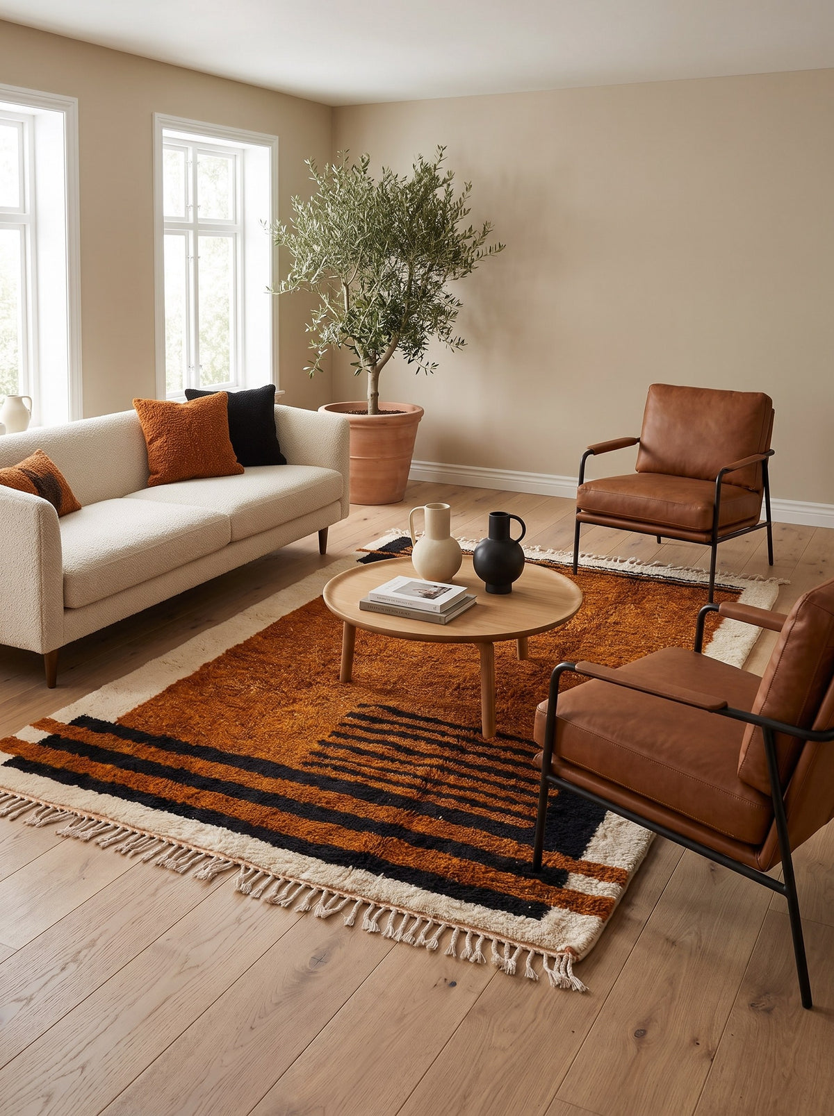 Boudinar striped Berber rug in rust and black in another living room, hand-knotted in Morocco