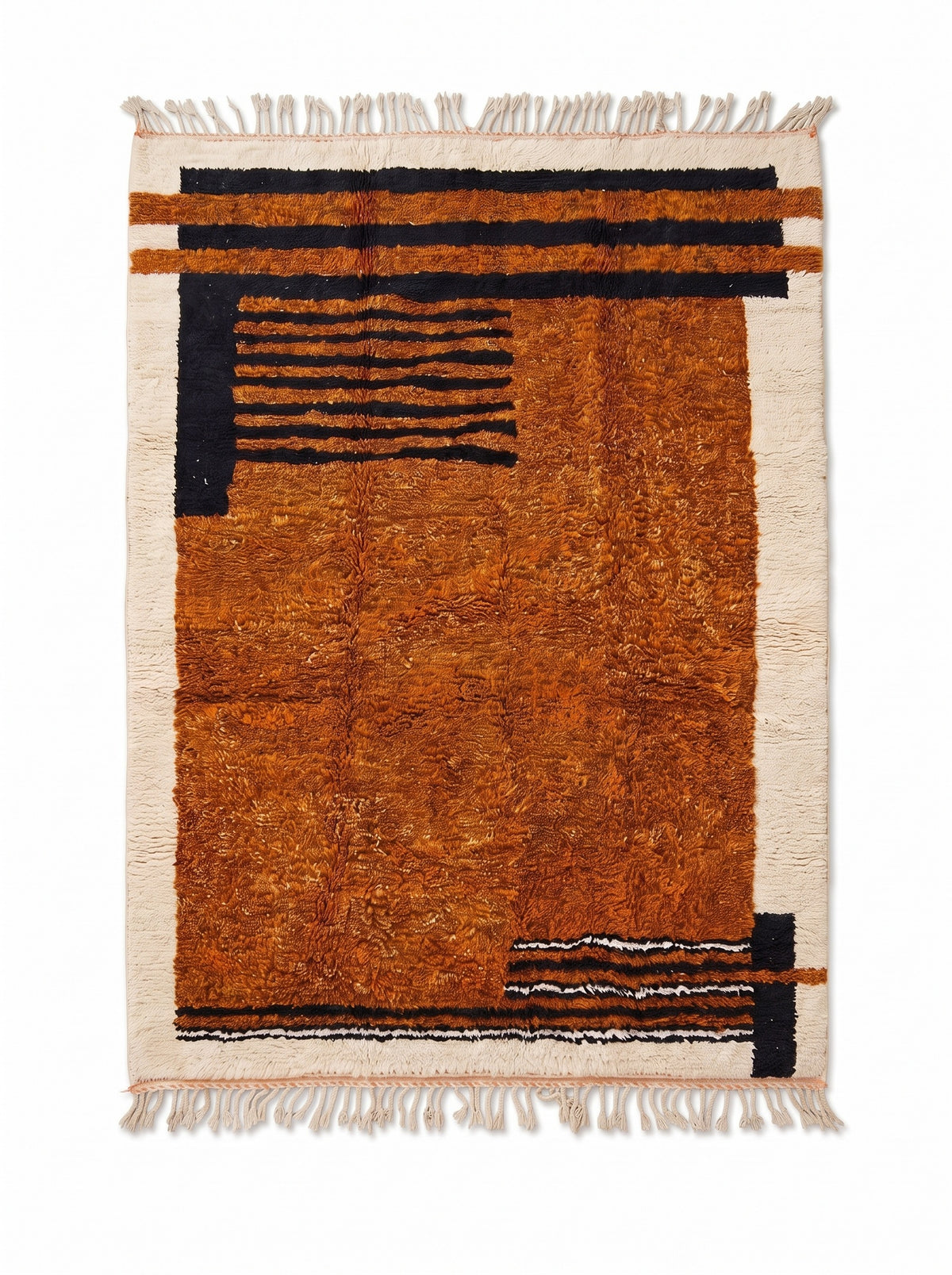 Boudinar striped Berber rug in rust and black, laid flat, long-pile rust orange field, ecru fringes