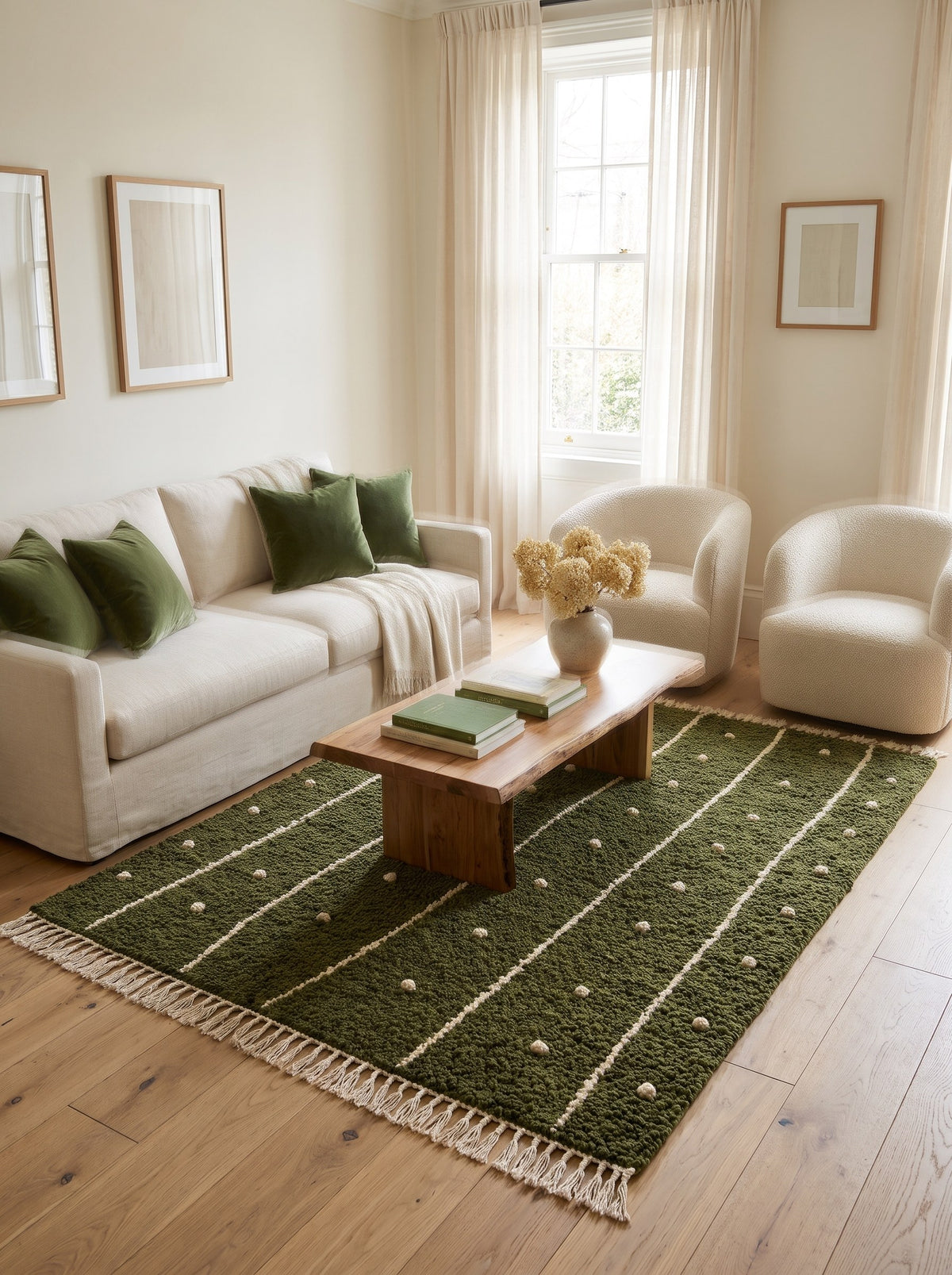 Tapis berbère à rayures vert olive Tigumla dans un autre salon, noué main au Maroc