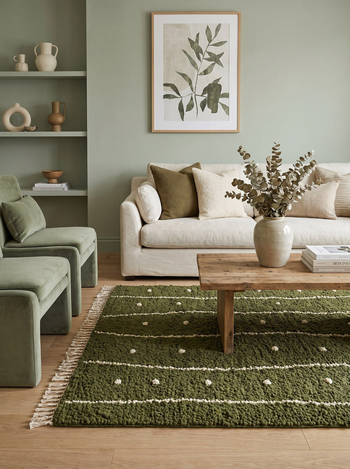 Tapis berbère à rayures vert olive Tigumla dans un salon, noué main au Maroc