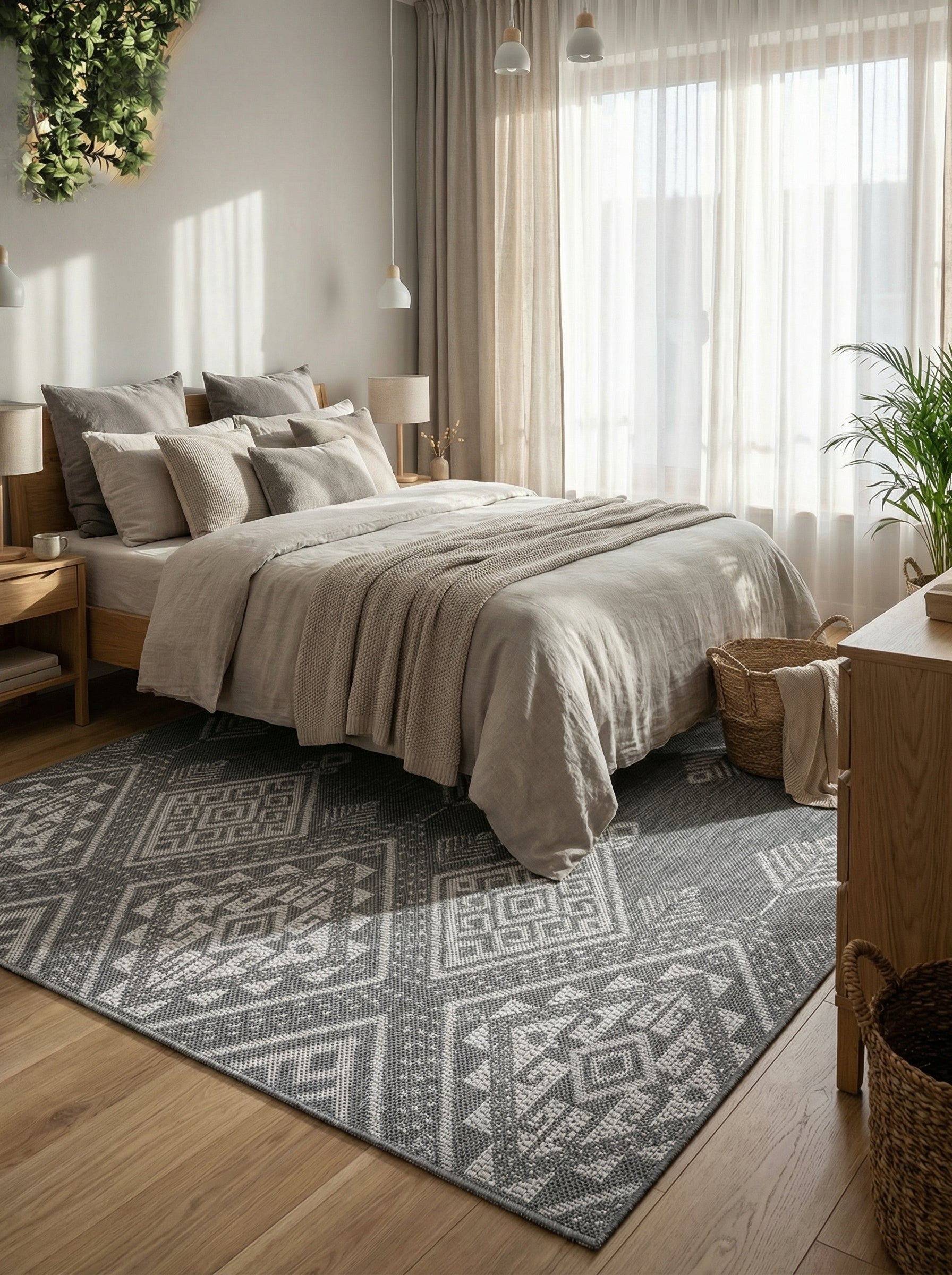 Tapis rectangulaire gris foncé et gris clair avec des motifs géométriques complexes. Il est posé au sol dans une chambre à coucher lumineuse