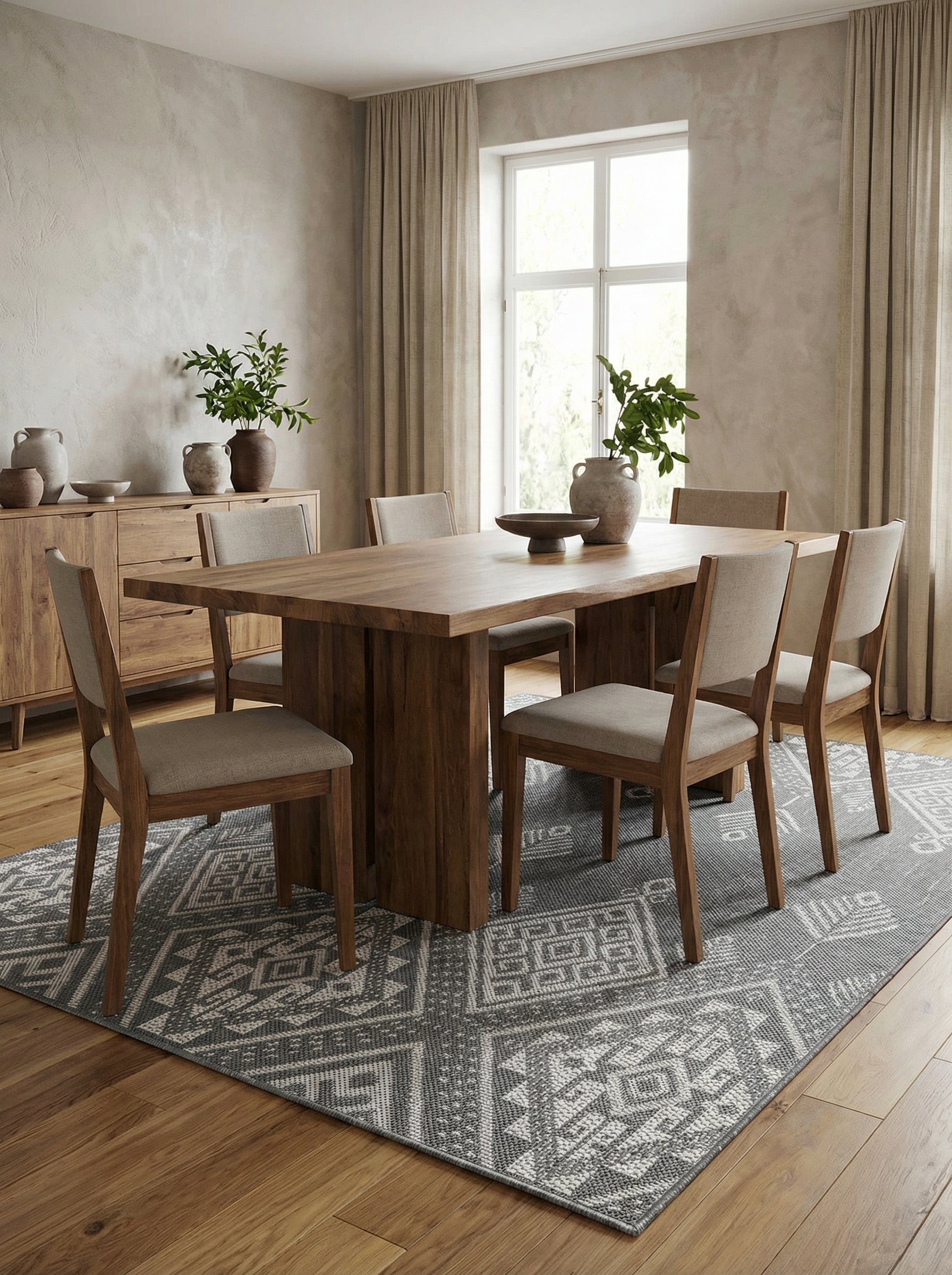 Tapis rectangulaire gris et blanc aux motifs géométriques tressés, posé sous une table de salle à manger dans un décor moderne