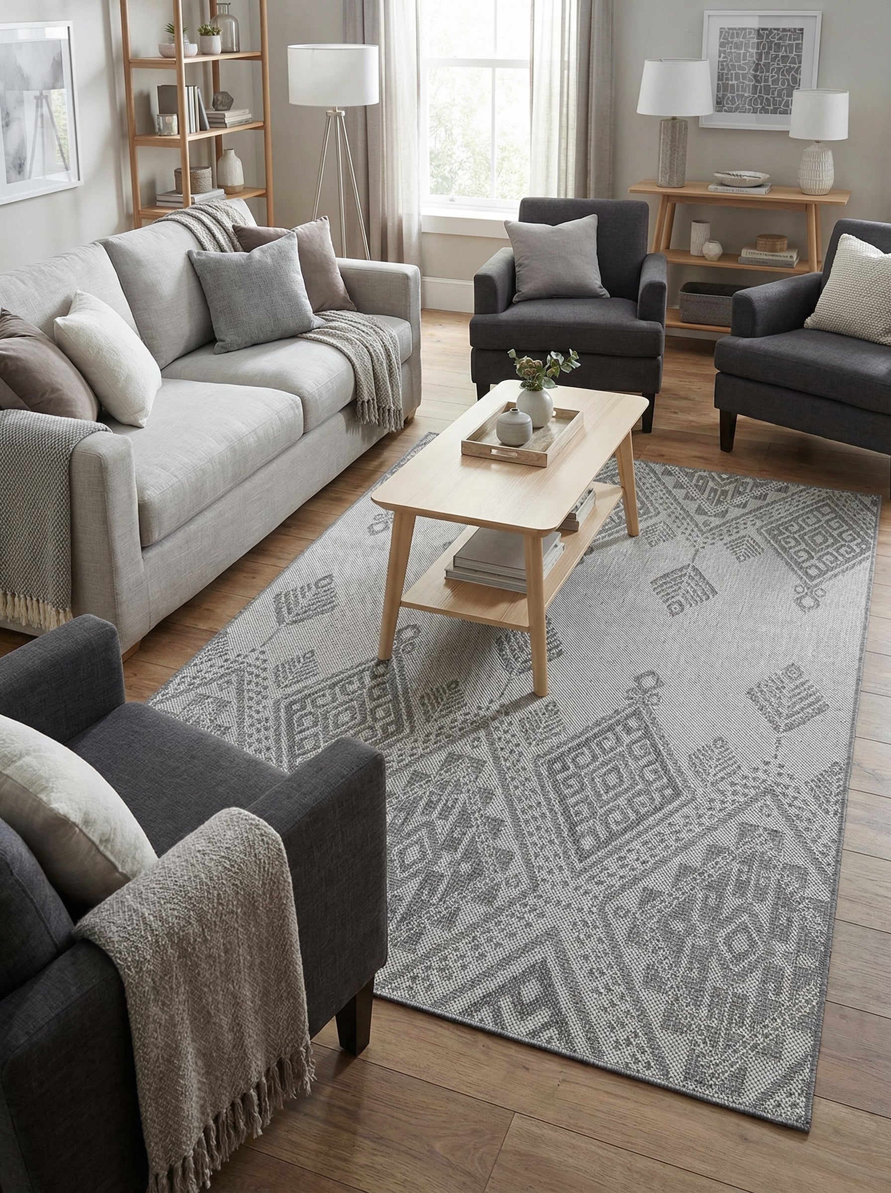 Tapis rectangulaire gris clair et foncé avec motifs géométriques et tribaux, posé sur le plancher en bois d'un salon moderne
