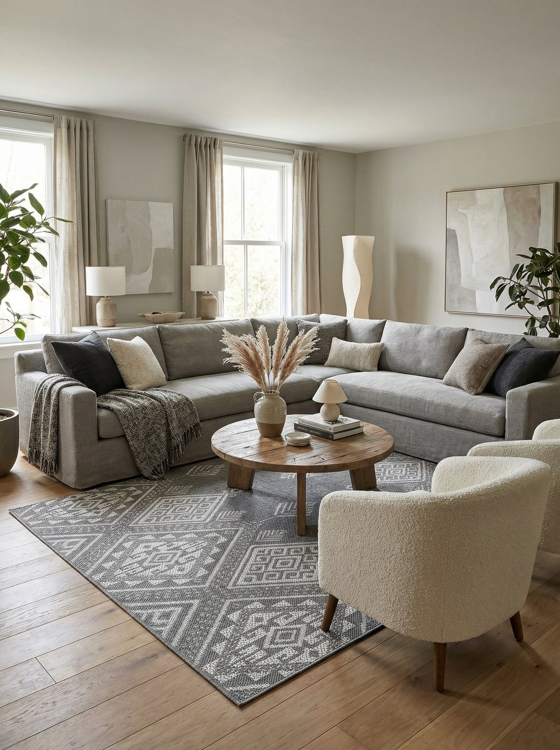 Tapis rectangulaire tissé gris foncé et blanc cassé avec des motifs géométriques de diamants et lignes, dans un salon