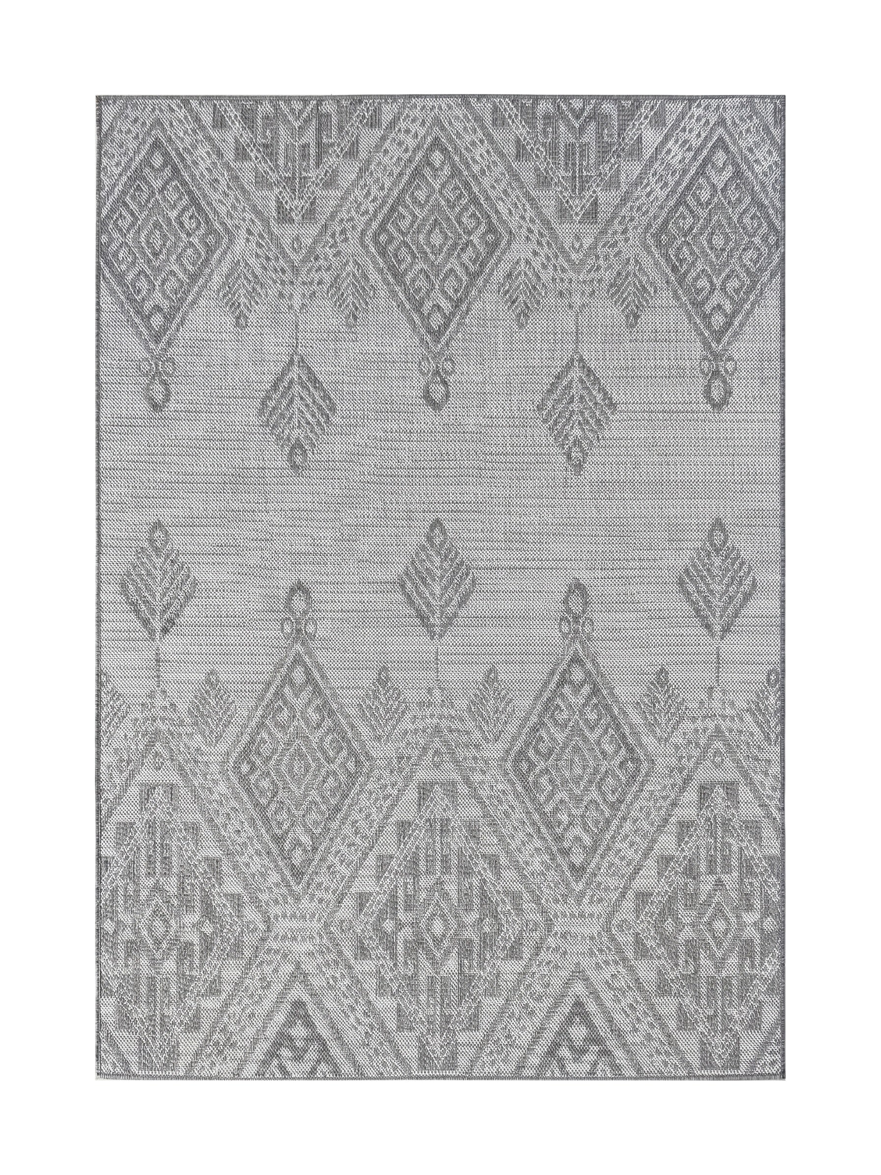 Tapis rectangulaire tissé aux motifs géométriques complexes dans des nuances de gris clair et foncé
