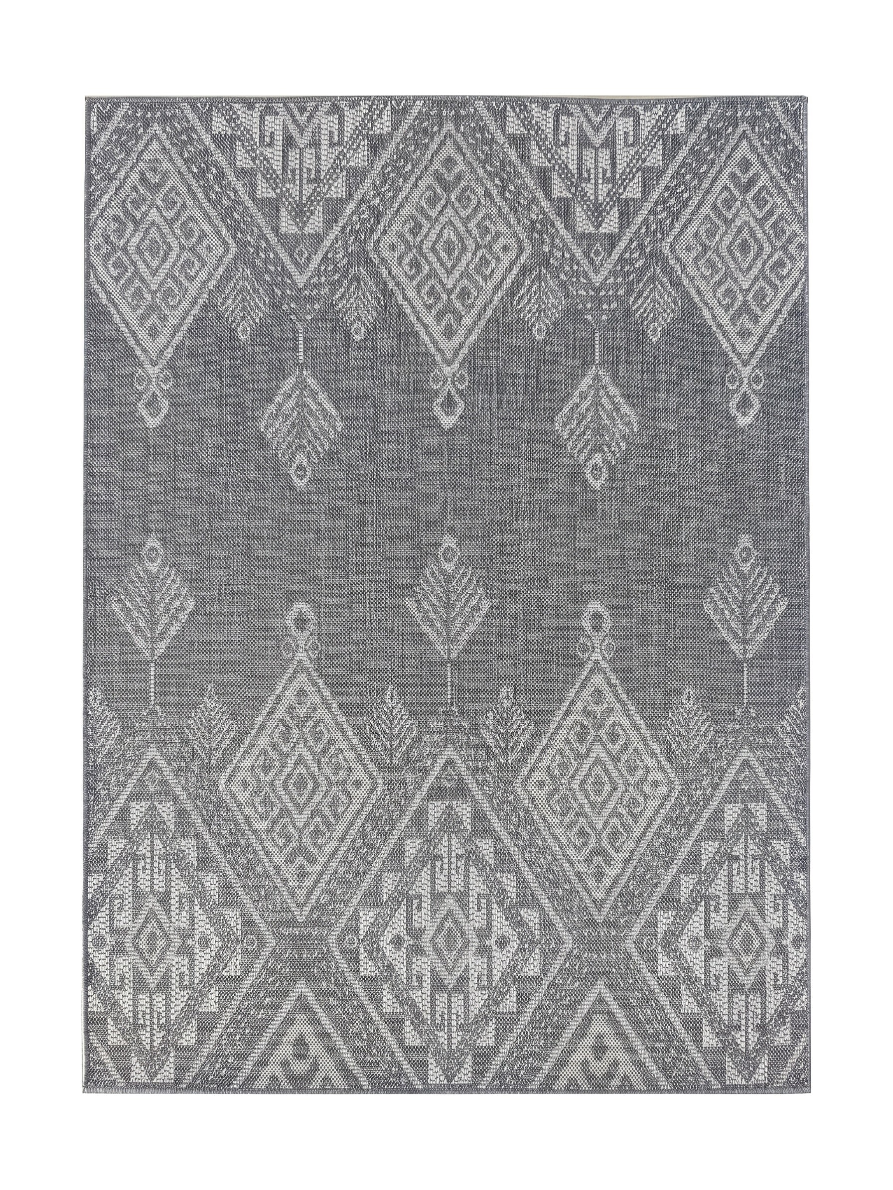 Tapis gris foncé et clair avec des motifs géométriques tissés composés de losanges, triangles et ornements ethniques