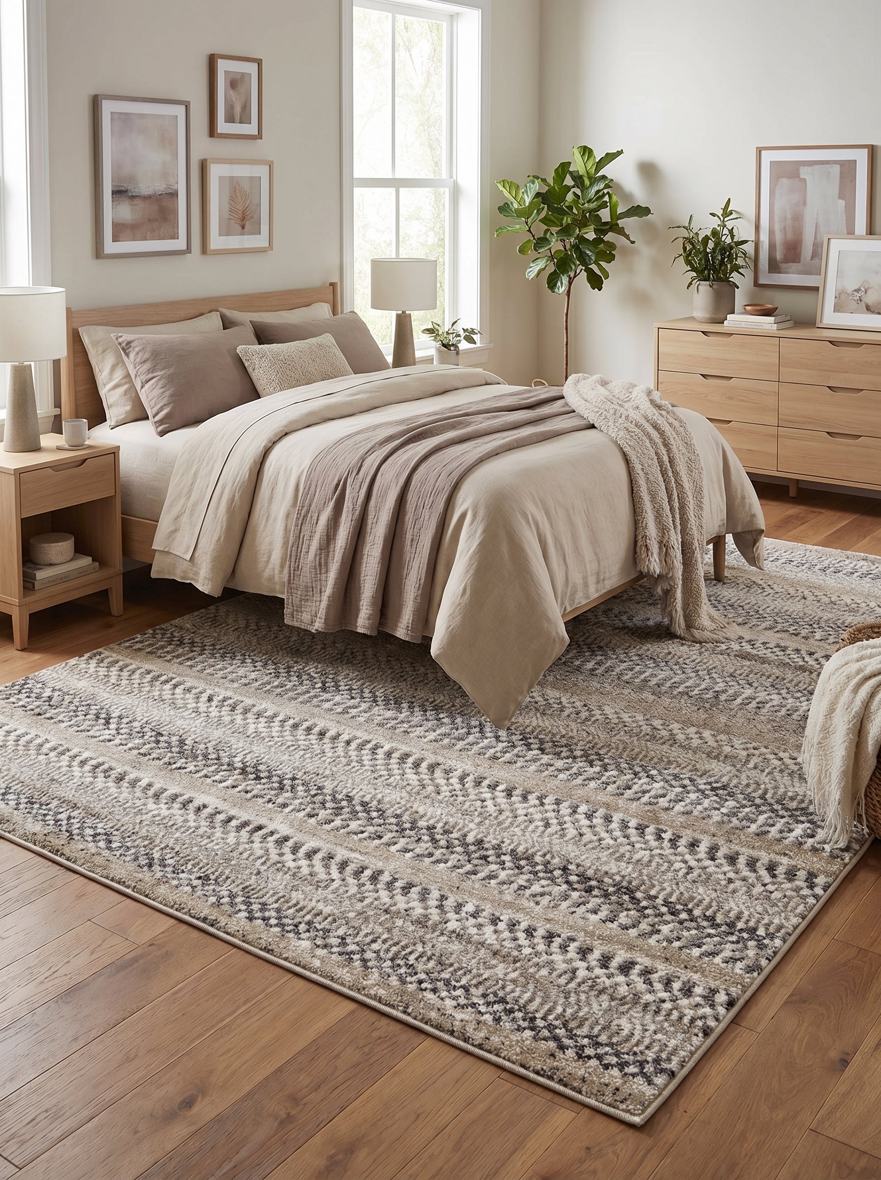 Tapis rectangulaire moelleux avec des motifs abstraits en bandes, mélangeant beige, gris et blanc cassé, dans une chambre
