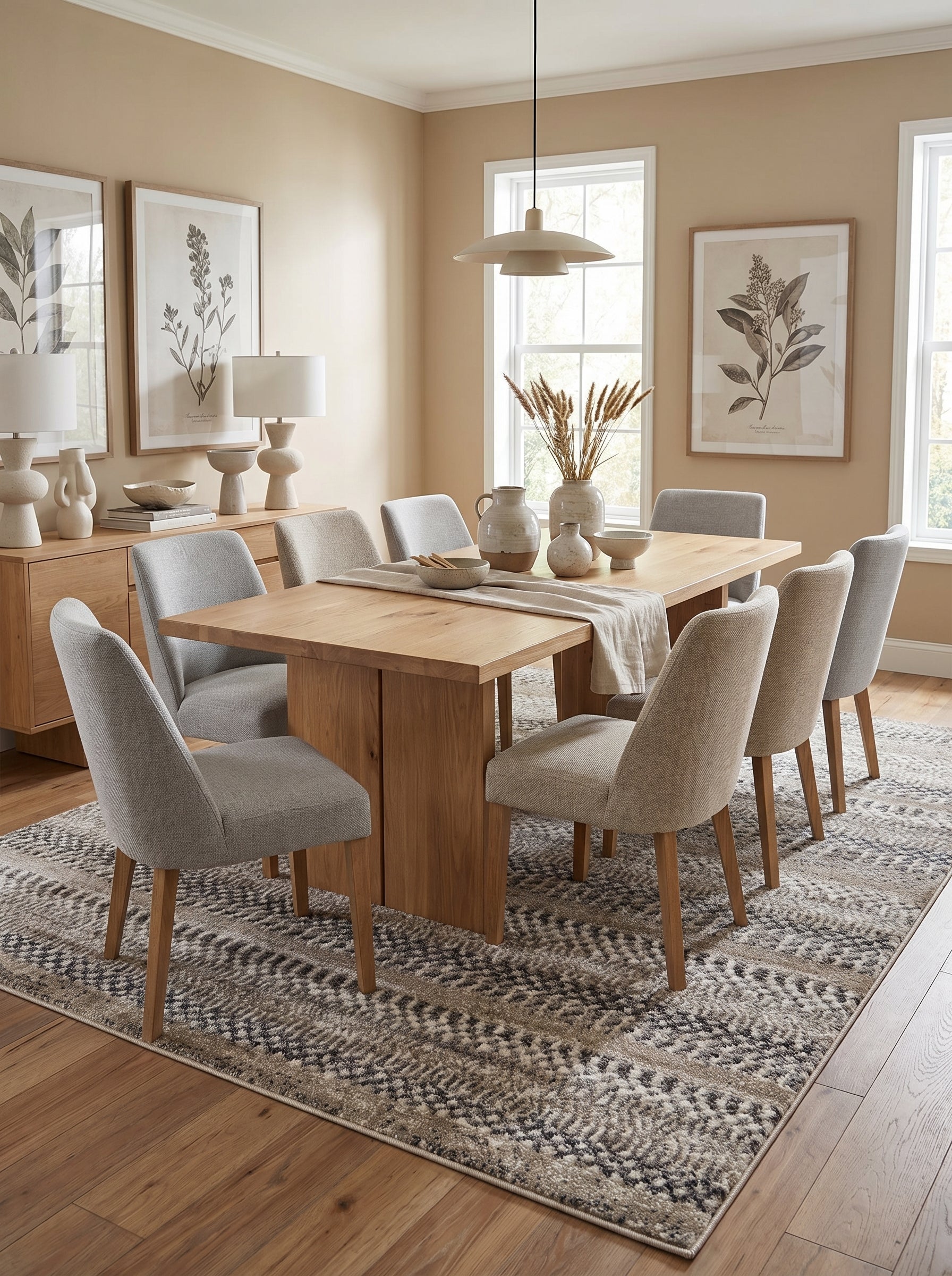 Tapis rectangulaire texturé aux motifs géométriques gris, beige et crème, posé sous une table dans une salle à manger