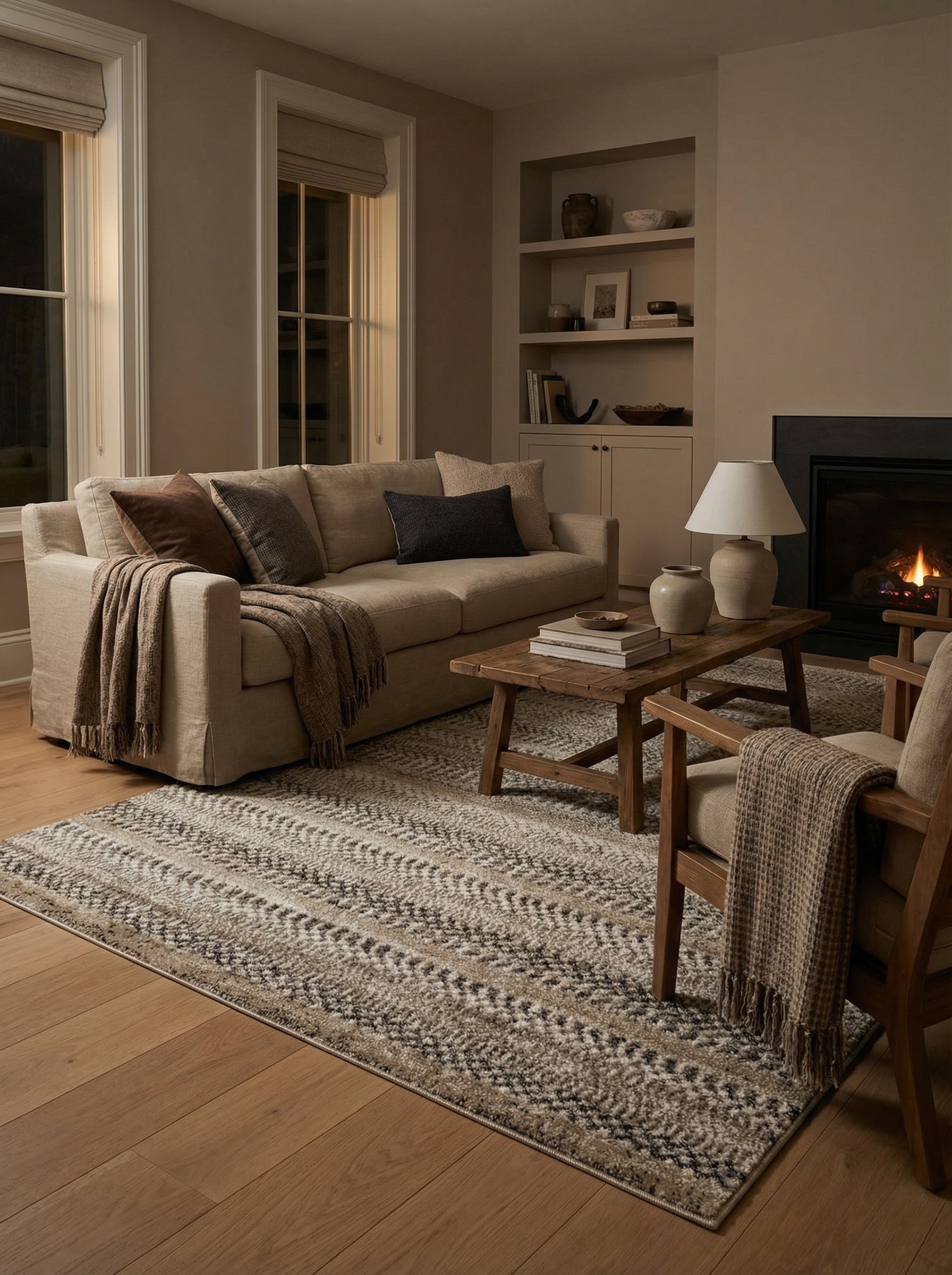 Grand tapis rectangulaire beige, blanc cassé et marron avec un motif géométrique texturé en chevrons, posé dans un salon chaleureux