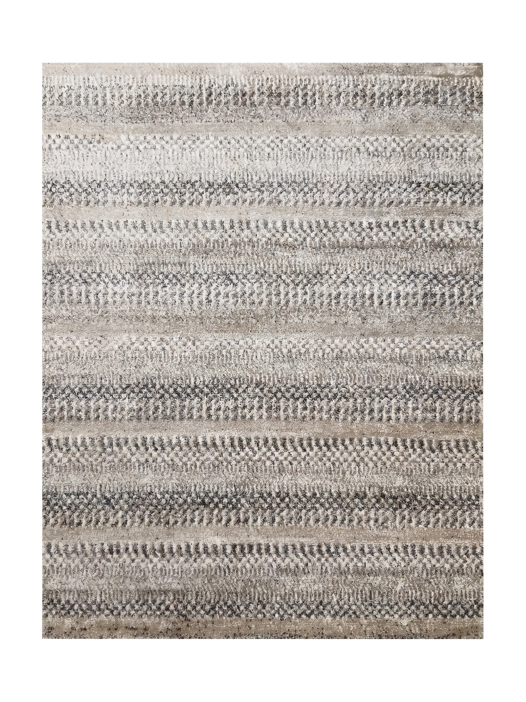 Tapis à motifs rayés horizontaux dans les tons de gris, beige et crème, avec une texture variée