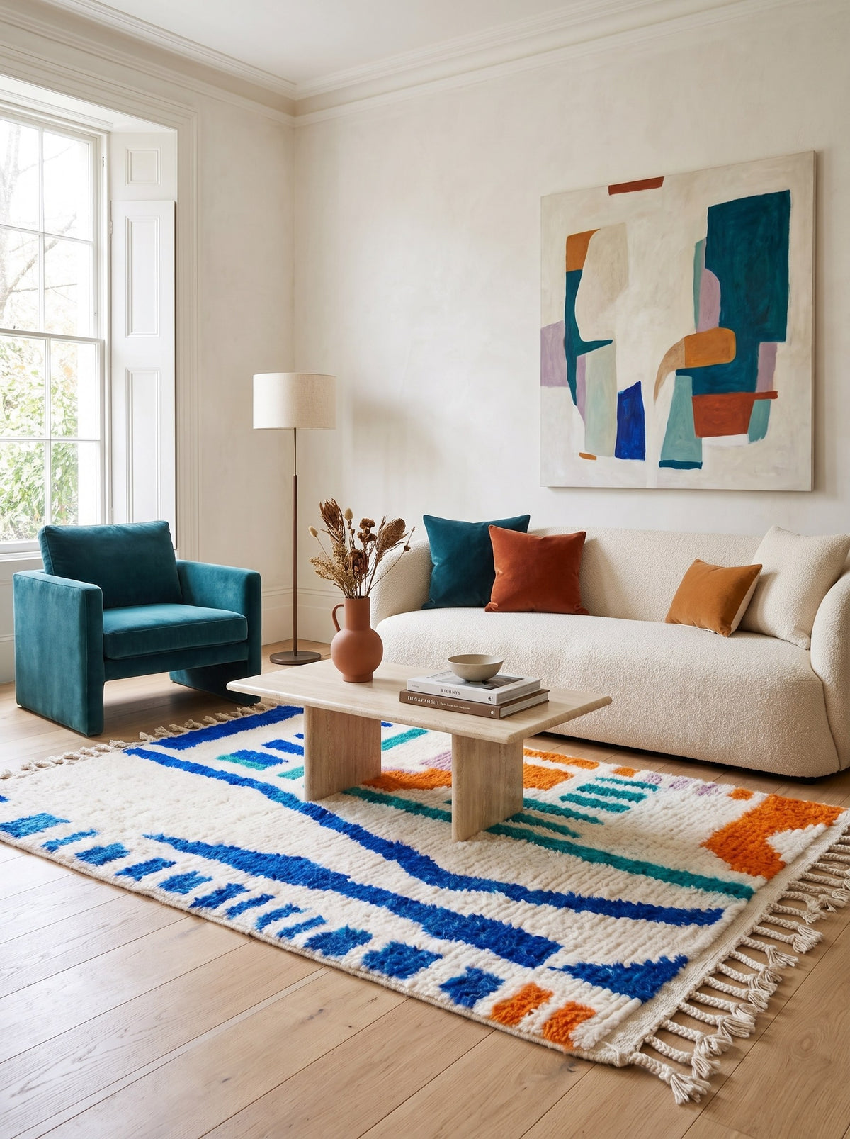 Tapis berbère coloré blanc et bleu Mezgal dans un autre salon, noué main au Maroc
