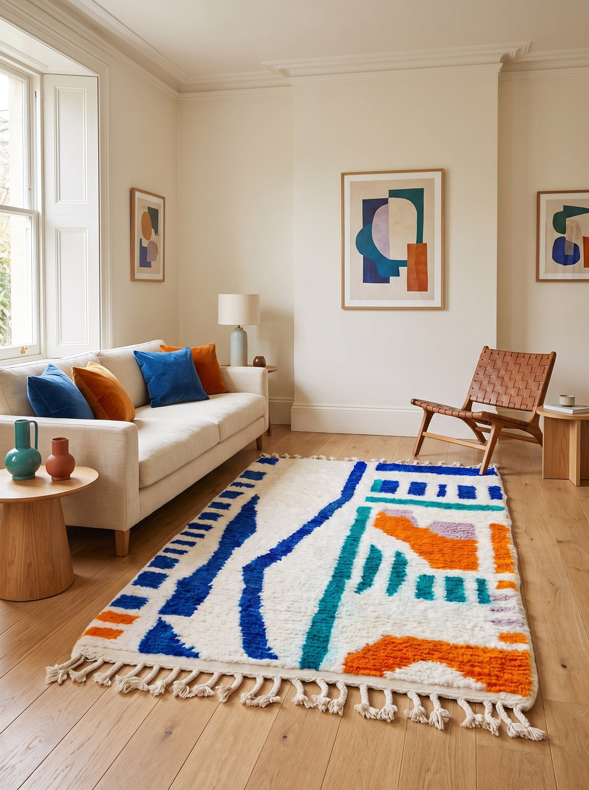 Tapis berbère coloré blanc et bleu Mezgal dans un salon, noué main au Maroc